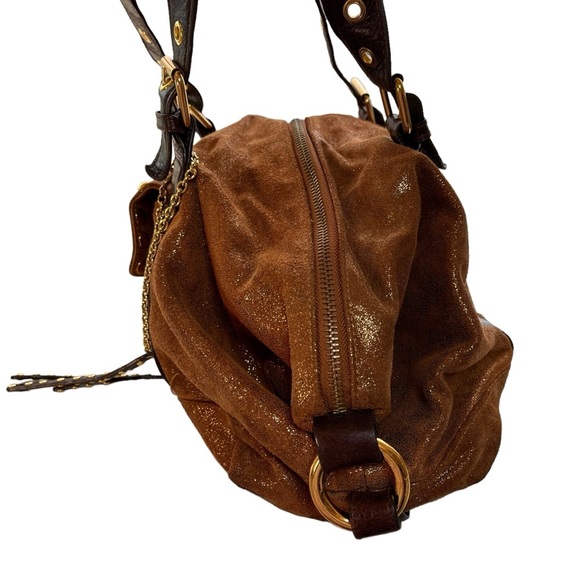 MARCIANO Metallic Brown Kid Skin and Leather Satchel Shoulder Bag Purse PreOwned - Picture 5 of 10